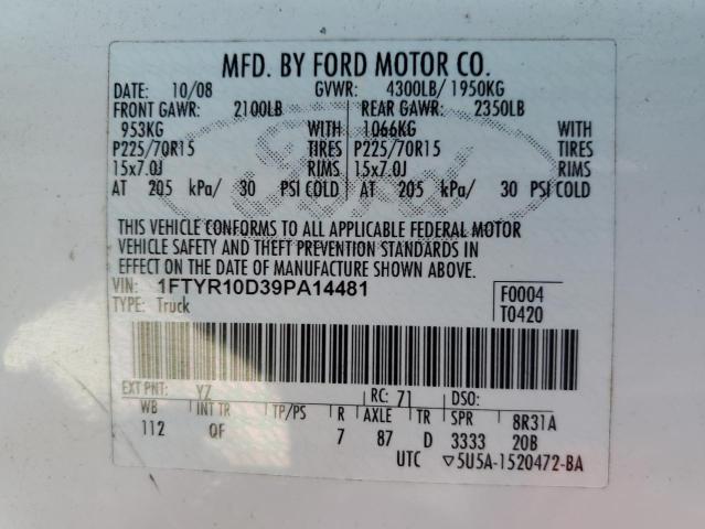 1FTYR10D39PA14481 - 2009 FORD RANGER WHITE photo 12