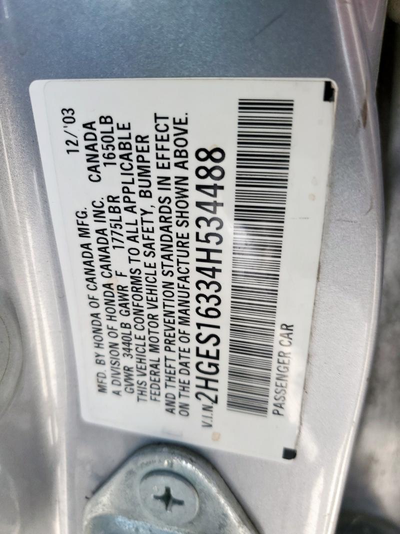 2HGES16334H534488 - 2004 HONDA CIVIC DX VP SILVER photo 12