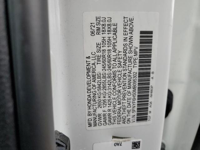 5FNYF6H50MB095302 - 2021 HONDA PILOT EXL WHITE photo 13