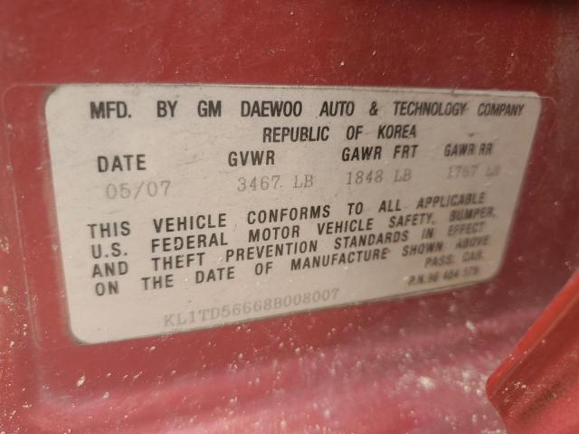 KL1TD56668B008007 - 2008 CHEVROLET AVEO BASE RED photo 12