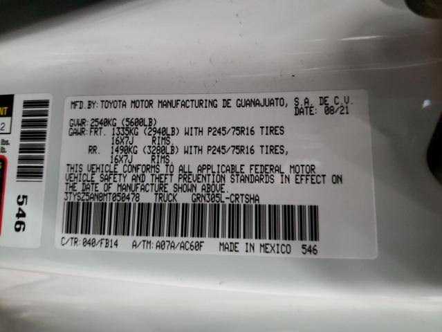3TYSZ5AN8MT050478 - 2021 TOYOTA TACOMA ACCESS CAB თეთრი ფოტო 12