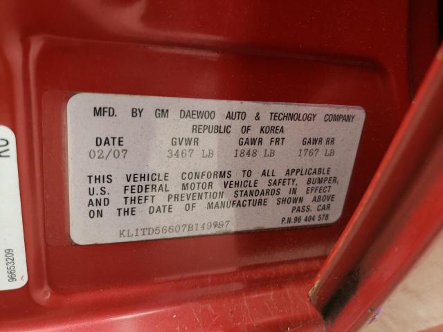 KL1TD56607B149797 - 2007 CHEVROLET AVEO BASE Bordo foto 12