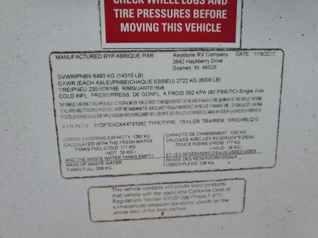 4YDF3242XA4731082 - 2010 KEYSTONE MONTANA WHITE photo 10