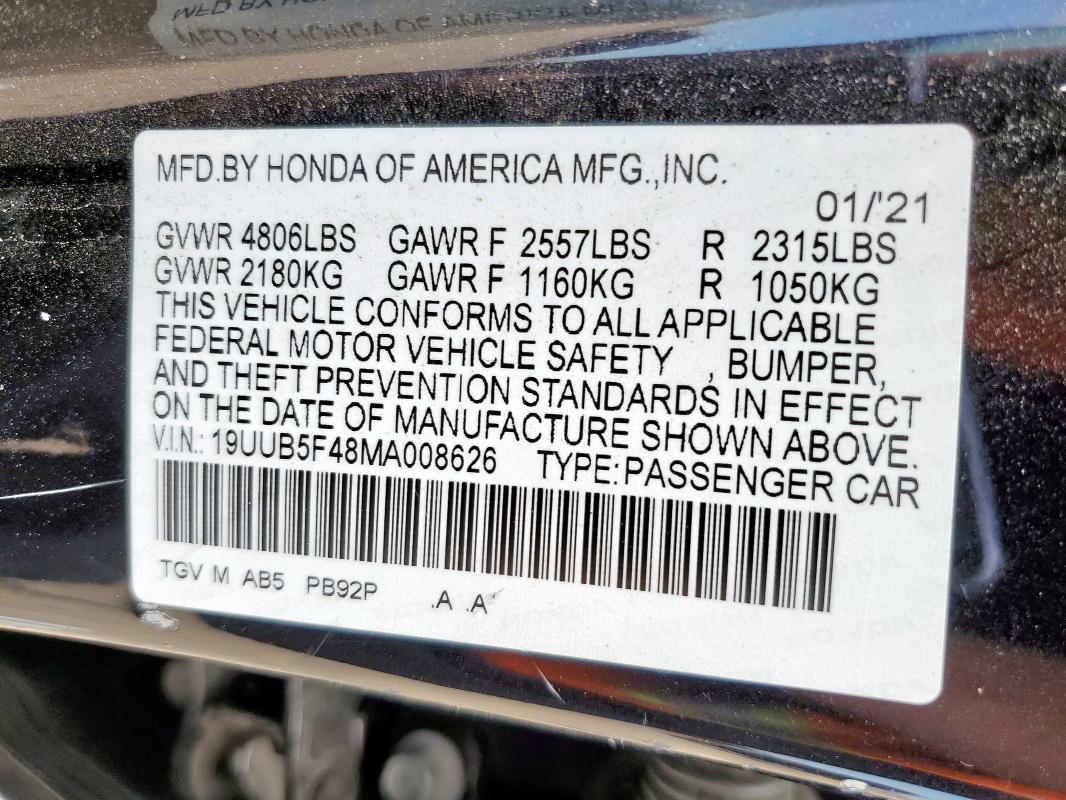 19UUB5F48MA008626 - 2021 ACURA TLX TECHNOLOGY BLACK photo 12