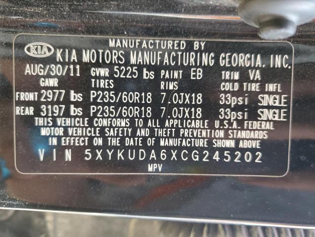 5XYKUDA6XCG245202 - 2012 KIA SORENTO EX შავი ფოტო 13