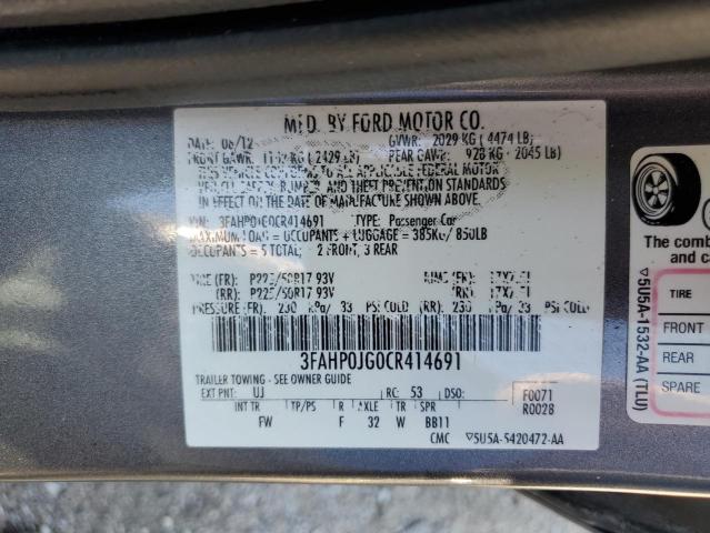 3FAHP0JG0CR414691 - 2012 FORD FUSION SEL GRAY photo 13