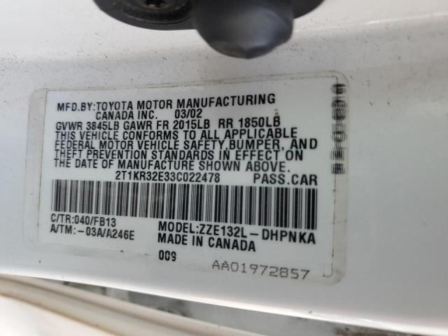 2T1KR32E33C022478 - 2003 TOYOTA COROLLA MA XR WHITE photo 13