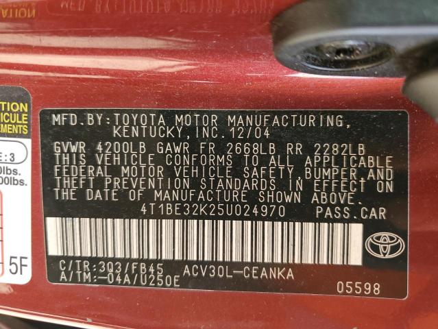 4T1BE32K25U024970 - 2005 TOYOTA CAMRY LE RED photo 12