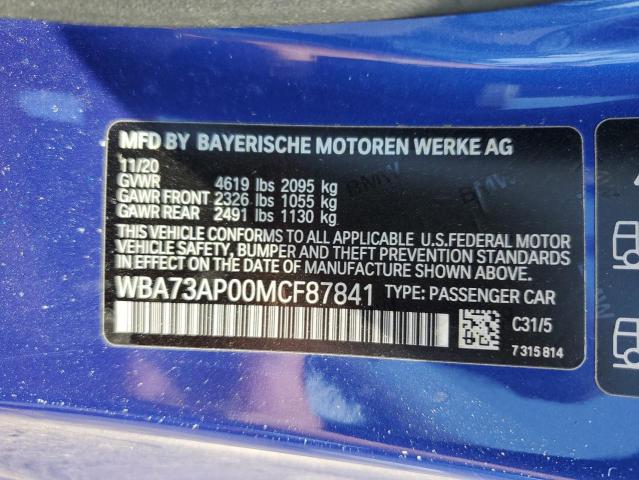 WBA73AP00MCF87841 - 2021 BMW 430XI BLUE photo 12