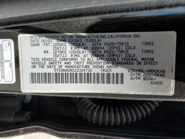 5TEGN92N12Z104710 - 2002 TOYOTA TACOMA DOUBLE CAB PRERUNNER BLACK photo 12