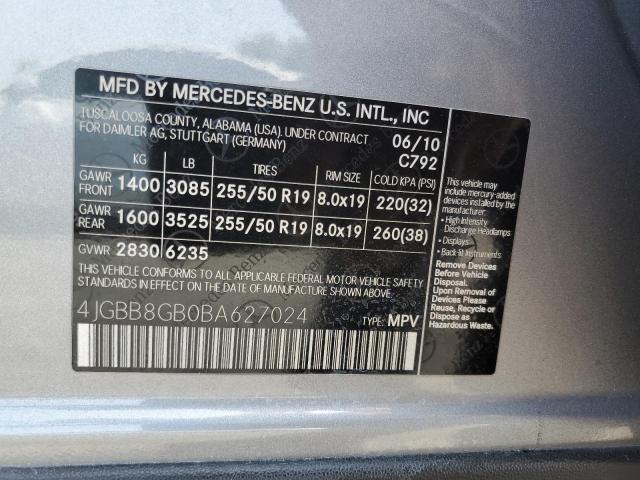 4JGBB8GB0BA627024 - 2011 MERCEDES-BENZ ML 350 4MATIC GRAY photo 13