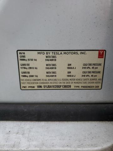 5YJSA1E20GF138039 - 2016 TESLA MODEL S WHITE photo 13
