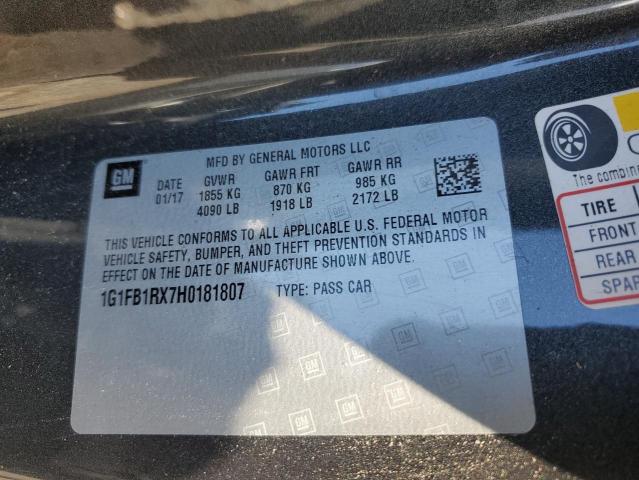 1G1FB1RX7H0181807 - 2017 CHEVROLET CAMARO LT GRAY photo 12