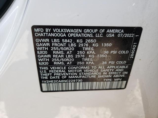 1V2HE2CA6NC229730 - 2022 VOLKSWAGEN ATLAS CROS SE თეთრი ფოტო 13