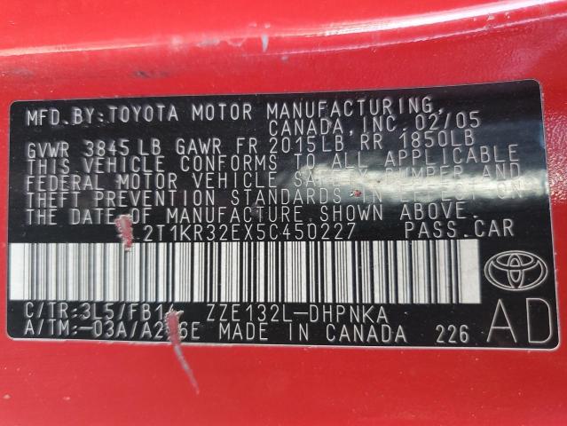 2T1KR32EX5C450227 - 2005 TOYOTA COROLLA MA XR RED photo 12