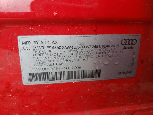 WAUDF98E67A022008 - 2007 AUDI A4 2.0T QUATTRO RED photo 13