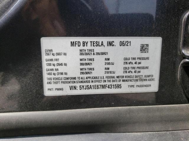 5YJSA1E67MF431595 - 2021 TESLA MODEL S Մոխրագույն լուսանկար 13