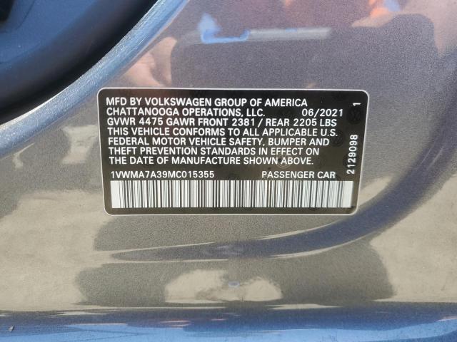 1VWMA7A39MC015355 - 2021 VOLKSWAGEN PASSAT R-LINE ნაცრისფერი ფოტო 12