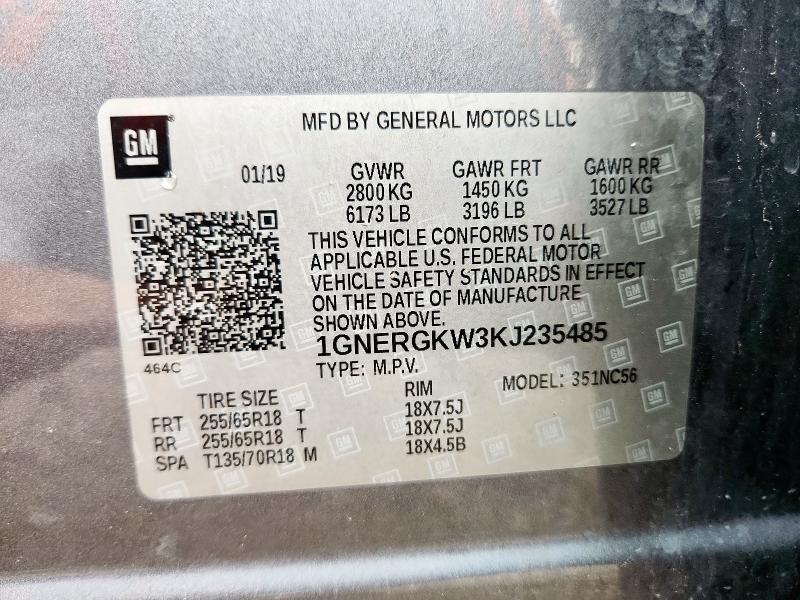 1GNERGKW3KJ235485 - 2019 CHEVROLET TRAVERSE LT ნაცრისფერი ფოტო 13