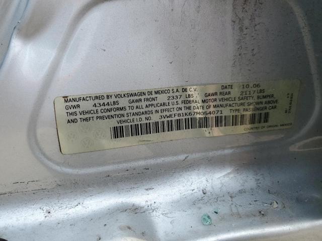 3VWEF81K67M054071 - 2007 VOLKSWAGEN JETTA WOLFSBURG 银色 照片 12