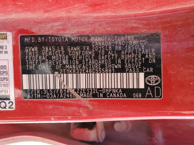 2T1KR32E46C555881 - 2006 TOYOTA COROLLA MA XR RED photo 12