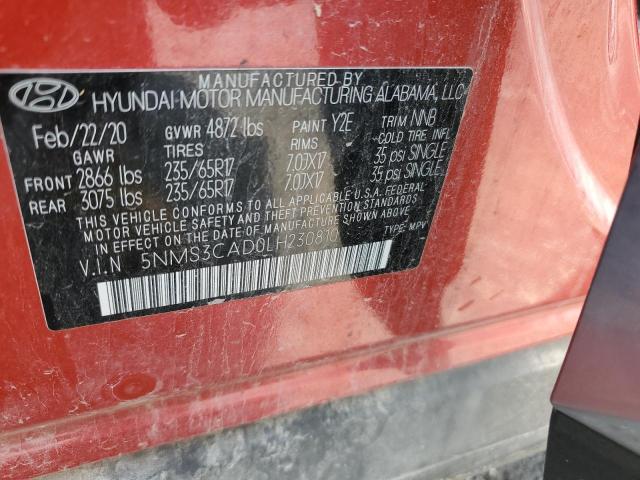 5NMS3CAD0LH230810 - 2020 HYUNDAI SANTA FE SEL RED photo 14