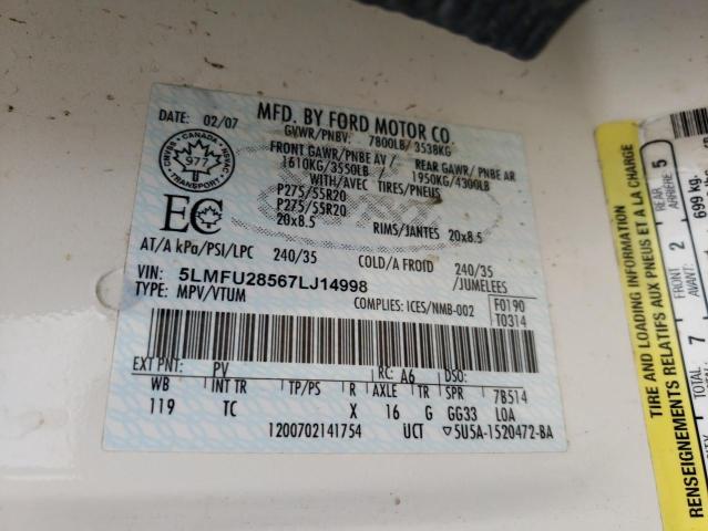 5LMFU28567LJ14998 - 2007 LINCOLN NAVIGATOR თეთრი ფოტო 13