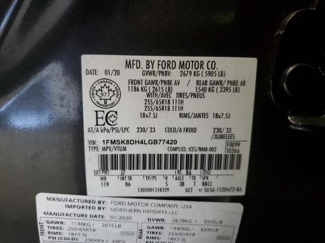 1FMSK8DH4LGB77420 - 2020 FORD EXPLORER XLT 灰色 照片 14