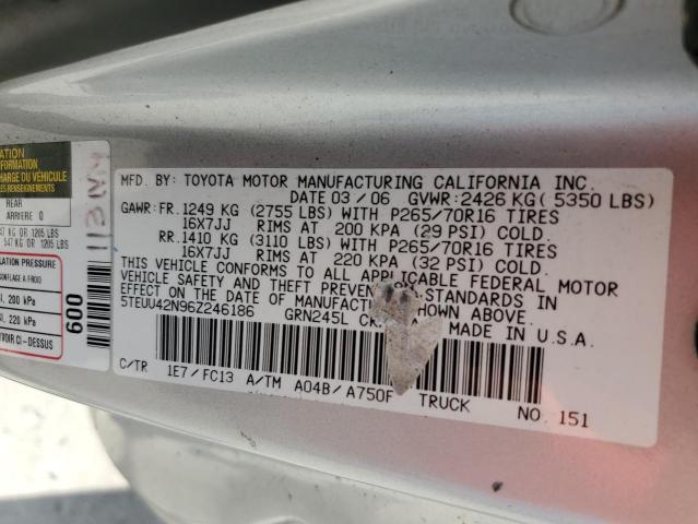 5TEUU42N96Z246186 - 2006 TOYOTA TACOMA ACCESS CAB ვერცხლისფერი ფოტო 12