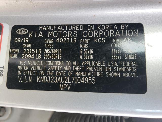 KNDJ23AU2L7104955 - 2020 KIA SOUL LX SILVER photo 10