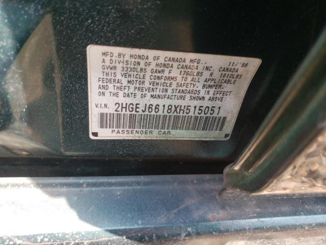 2HGEJ6618XH515051 - 1999 HONDA CIVIC BASE GREEN photo 12