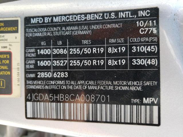 4JGDA5HB8CA008701 - 2012 MERCEDES-BENZ ML 350 4MATIC SILVER photo 12