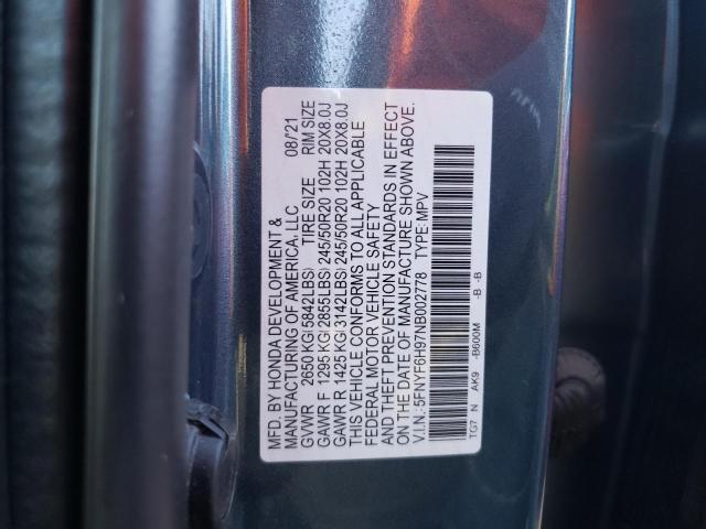 5FNYF6H97NB002778 - 2022 HONDA PILOT TOURING BLUE photo 13