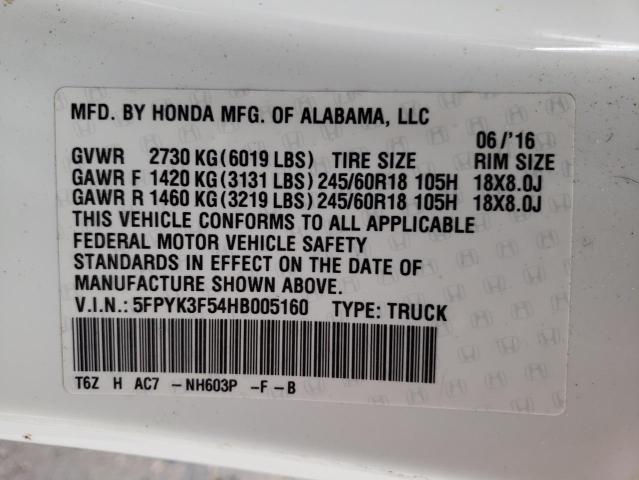 5FPYK3F54HB005160 - 2017 HONDA RIDGELINE RTL WHITE photo 10