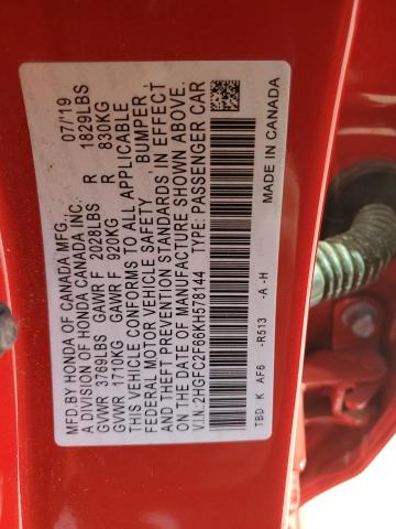 2HGFC2F66KH578144 - 2019 HONDA CIVIC LX RED photo 12