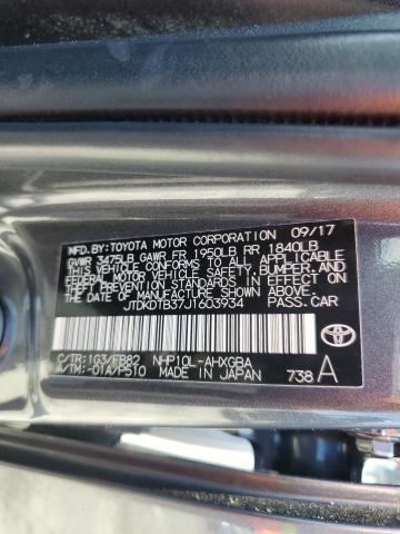 JTDKDTB37J1603934 - 2018 TOYOTA PRIUS C GRAY photo 13