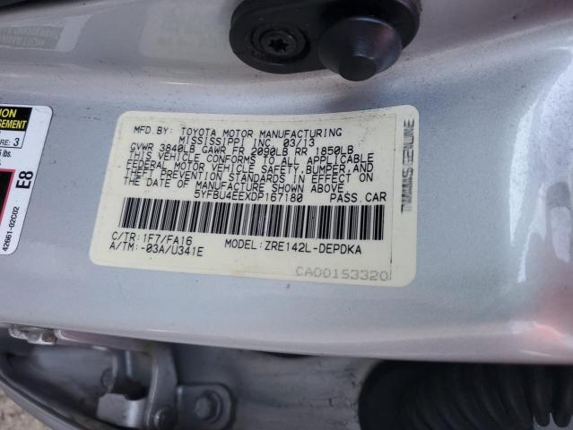 5YFBU4EEXDP167180 - 2013 TOYOTA COROLLA BASE SILVER photo 12