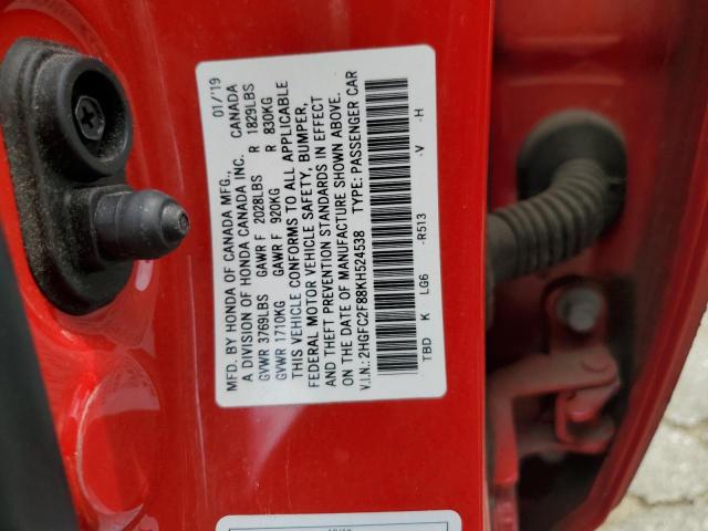 2HGFC2F88KH524538 - 2019 HONDA CIVIC SPORT 红色 照片 13