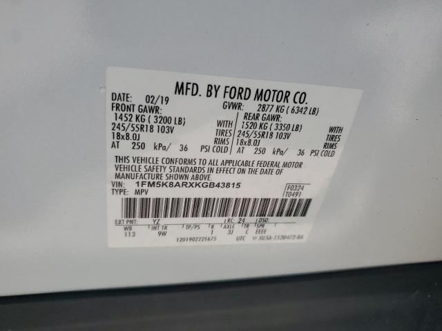 1FM5K8ARXKGB43815 - 2019 FORD EXPLORER POLICE INTERCEPTOR 白色 照片 13