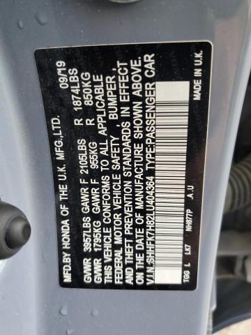 SHHFK7H82LU404364 - 2020 HONDA CIVIC EXL BLUE photo 12