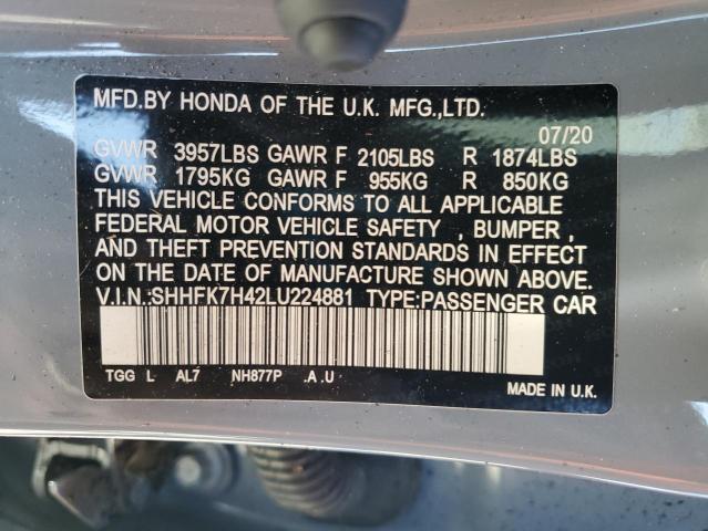 SHHFK7H42LU224881 - 2020 HONDA CIVIC SPORT BLUE photo 13