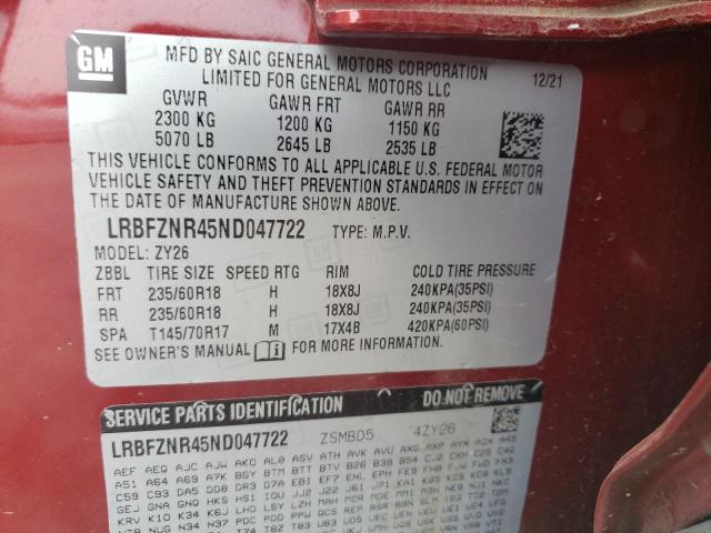 LRBFZNR45ND047722 - 2022 BUICK ENVISION ESSENCE BURGUNDY photo 12