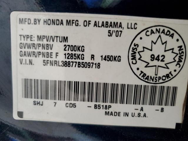 5FNRL38877B509718 - 2007 HONDA ODYSSEY TOURING BLUE photo 13