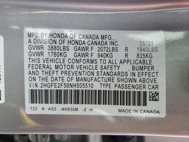 2HGFE2F56NH505510 - 2022 HONDA CIVIC SPORT 灰色 照片 12