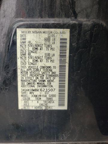 5N1AR18W86C623507 - 2006 NISSAN PATHFINDER LE შავი ფოტო 10