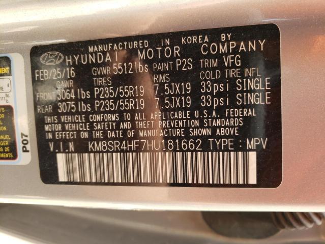 KM8SR4HF7HU181662 - 2017 HYUNDAI SANTA FE SE ULTIMATE SILVER photo 13