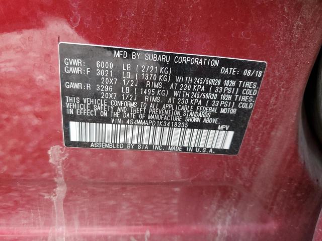 4S4WMAPD1K3418335 - 2019 SUBARU ASCENT LIMITED RED photo 12