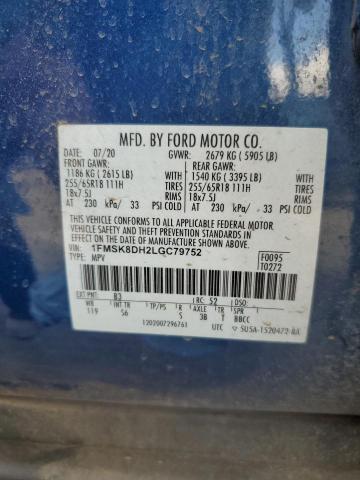 1FMSK8DH2LGC79752 - 2020 FORD EXPLORER XLT ლურჯი ფოტო 13