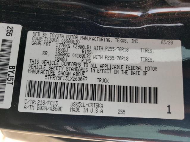 5TFRY5F13LX268047 - 2020 TOYOTA TUNDRA DOUBLE CAB SR/SR5 BLACK photo 12