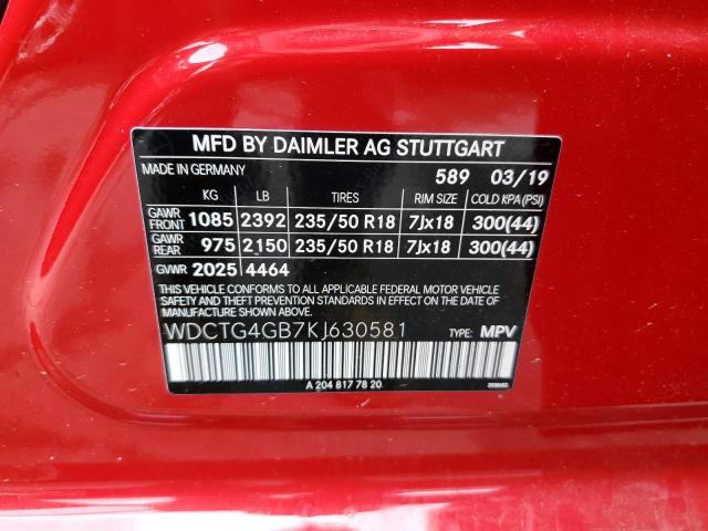 WDCTG4GB7KJ630581 - 2019 MERCEDES-BENZ GLA 250 4MATIC RED photo 12